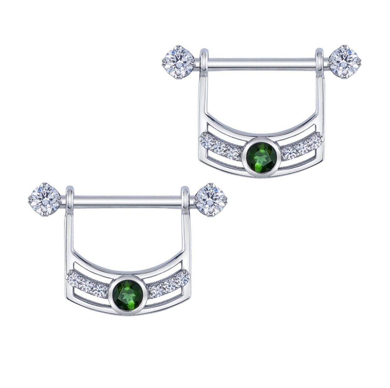 Front view of the BVLA Shireen custom 14k gold nipple bar featuring gem-set ends, handcrafted as bespoke body jewellery.