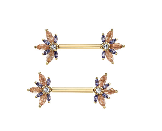 BVLA Small Starling Narwhal Threadless Barbell in yellow gold with Oregon Sunstone, Tanzanite, and Diamond gemstones on an 11mm threadless straight barb