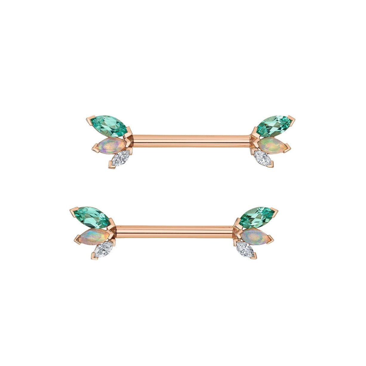 BVLA French Kiss custom yellow gold industrial jewellery with marquise diamonds opal and Chatham Chrysoberyl front view