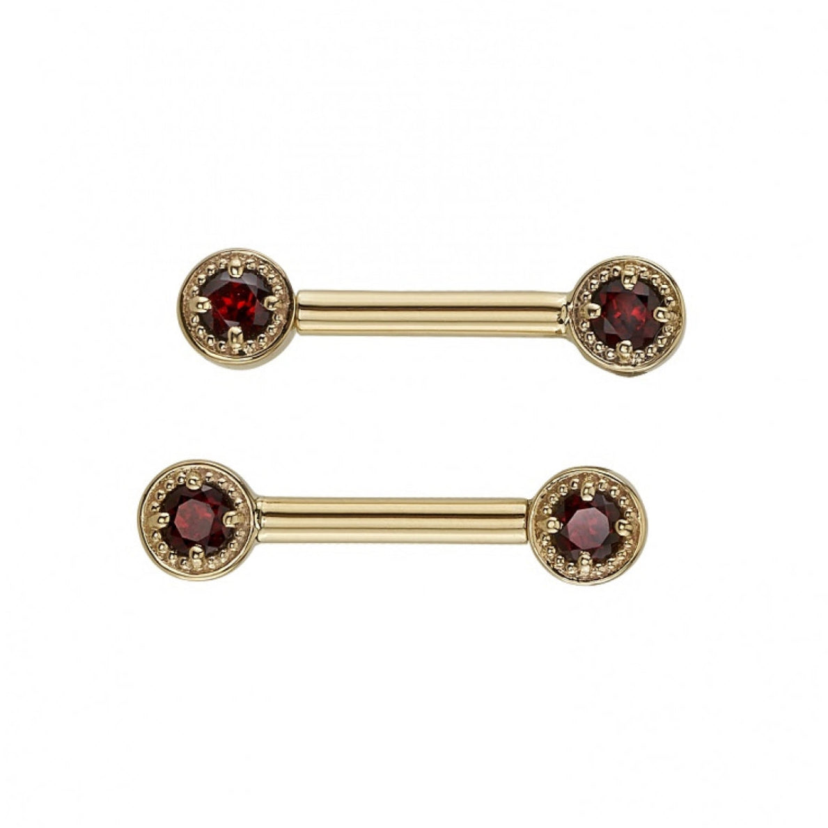 BVLA Milgrain Prong Barbell custom yellow gold industrial jewellery with Garnet gemstones front view