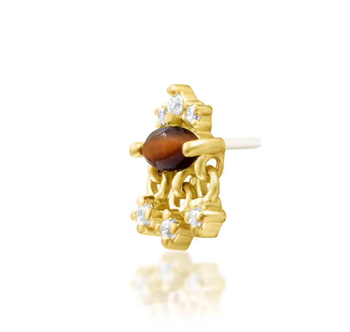 Junipurr Munna Threadless End – 14k Gold | Tiger Eye & White CZ | Lobe, Helix & Conch Piercings