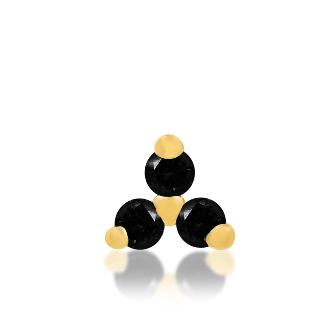 Junipurr Trinity threadless end in 14k gold featuring gemstone variations: black cubic zirconia, in a three-stone cluster design.