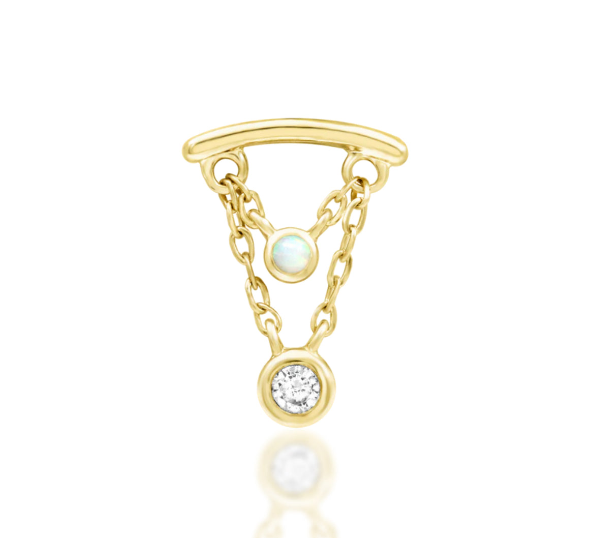Junipurr Jewellery Amelda 14kt Gold Opal & White CZ Threadless Attachment Dangle Chain helix Earring