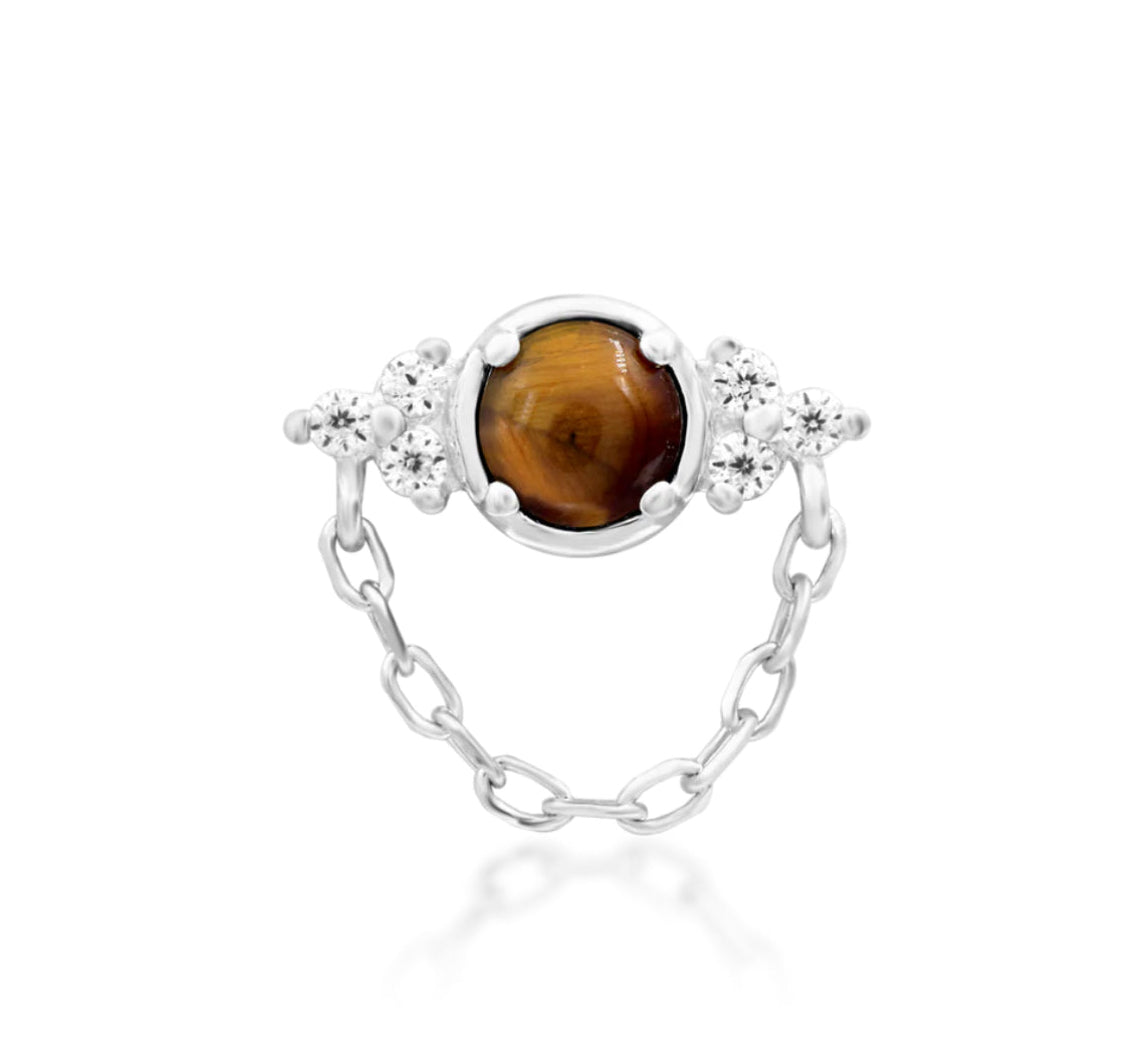 Junipurr Hobbs white gold threadless end with tiger eye and white CZ, luxury piercing accessory