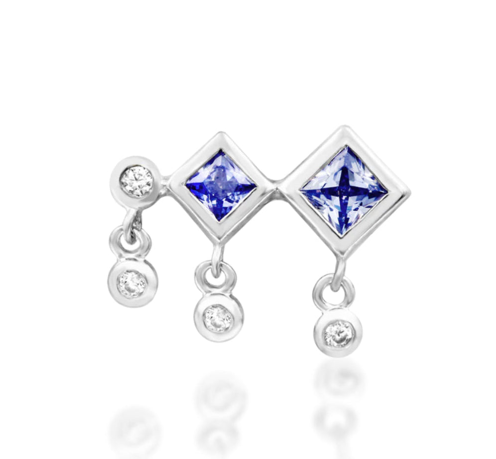 Close-up of Junipurr Adimu Helix Earring in 14k White Gold with Tanzanite CZ, 11.5mm x 8.8mm, ideal for helix, lobe, or conch piercings.