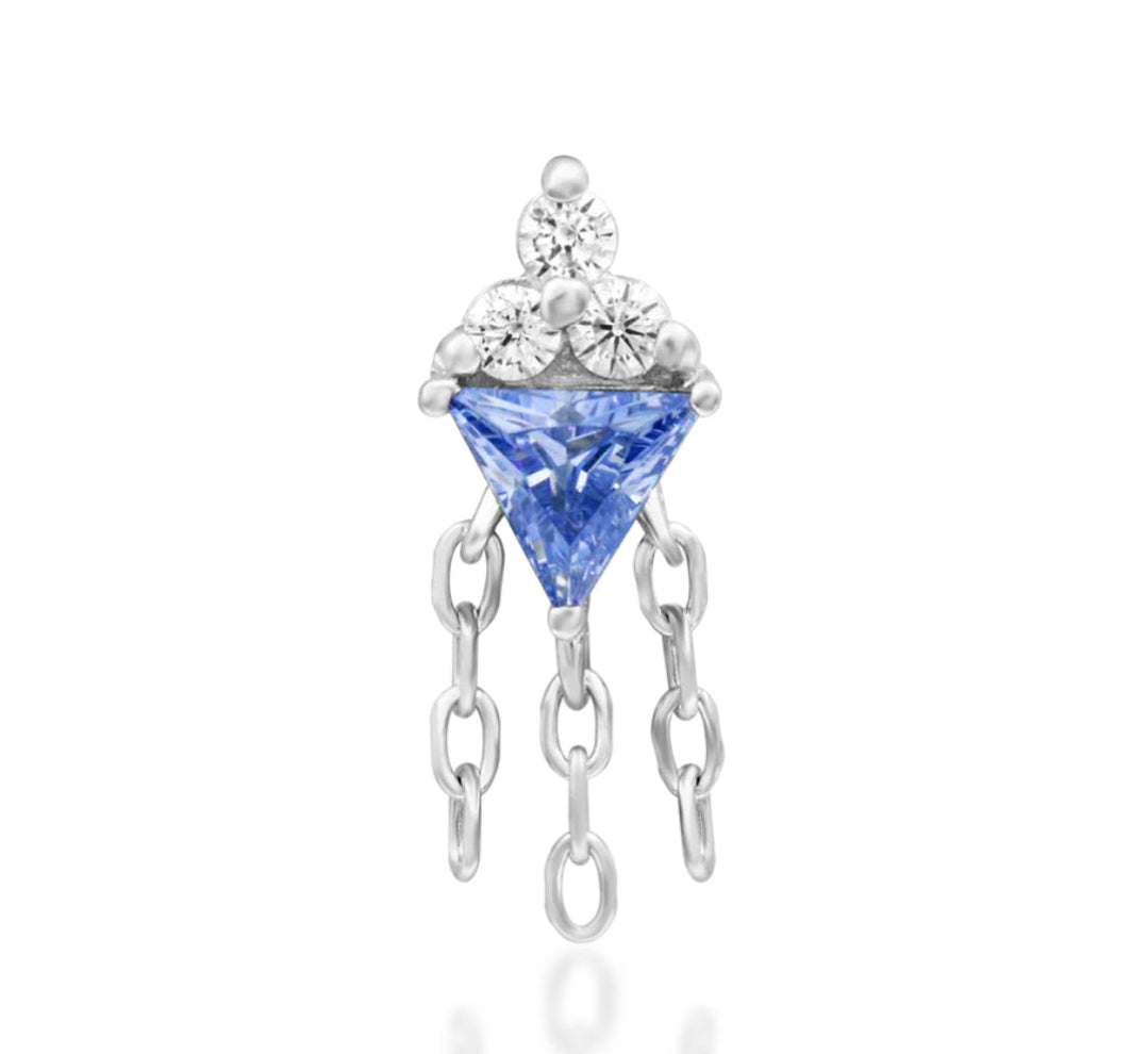 Junipurr Angelis Threadless End in 14K white gold with a radiant tanzanite CZ, ideal for lobe, helix, and tragus piercings.