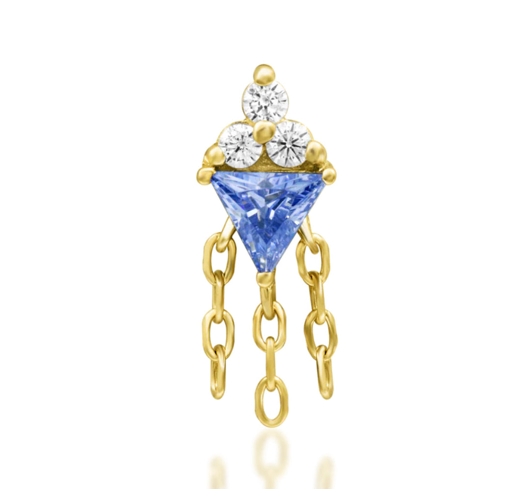 Junipurr Angelis Threadless End in 14K yellow gold featuring a dazzling tanzanite CZ, perfect for lobe, helix, and tragus piercings.