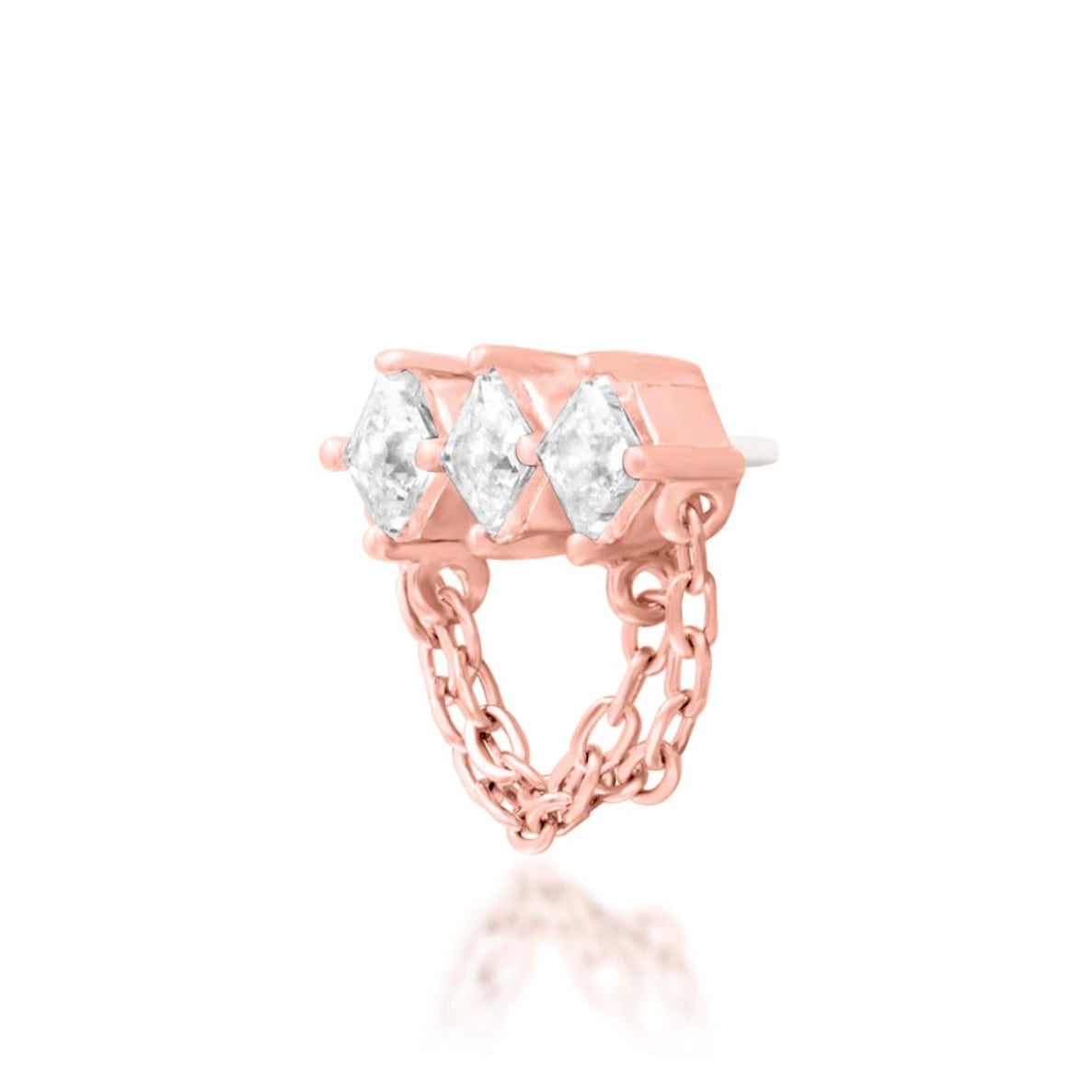 Junipurr Azriel 14k rose gold cubic zirconia chain threadless end angled view with soft cascading sparkle