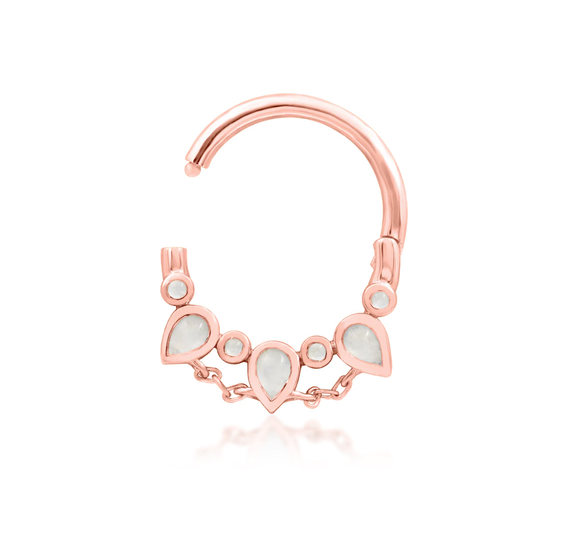 angled perspective of junipurr catalina rose gold clicker ring featuring moonstone detail
