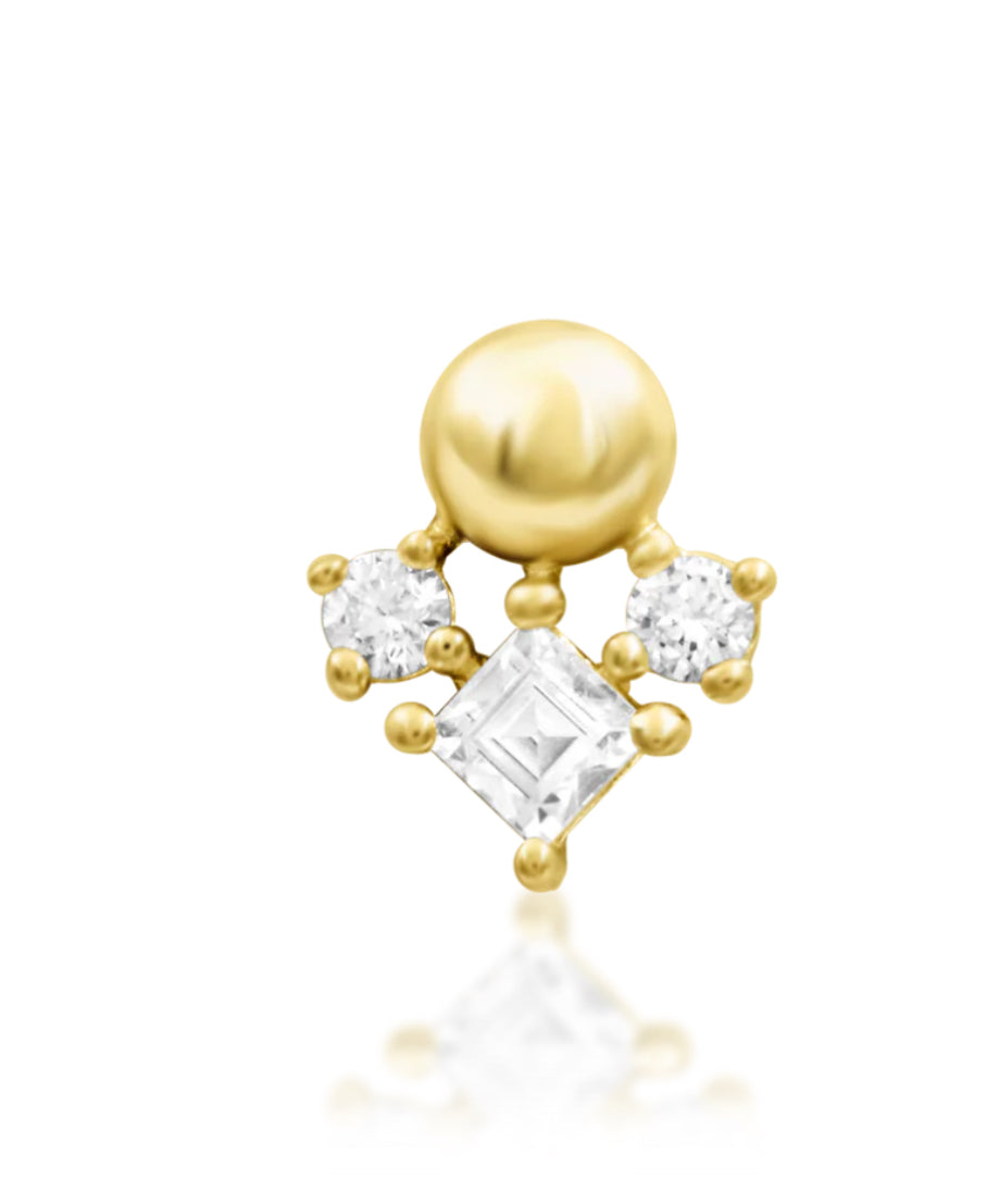 Close-up of Junipurr Celest Threadless Helix Earring in 14k Yellow Gold, 5.6mm x 6.8mm, perfect for helix, lobe, or conch piercings.