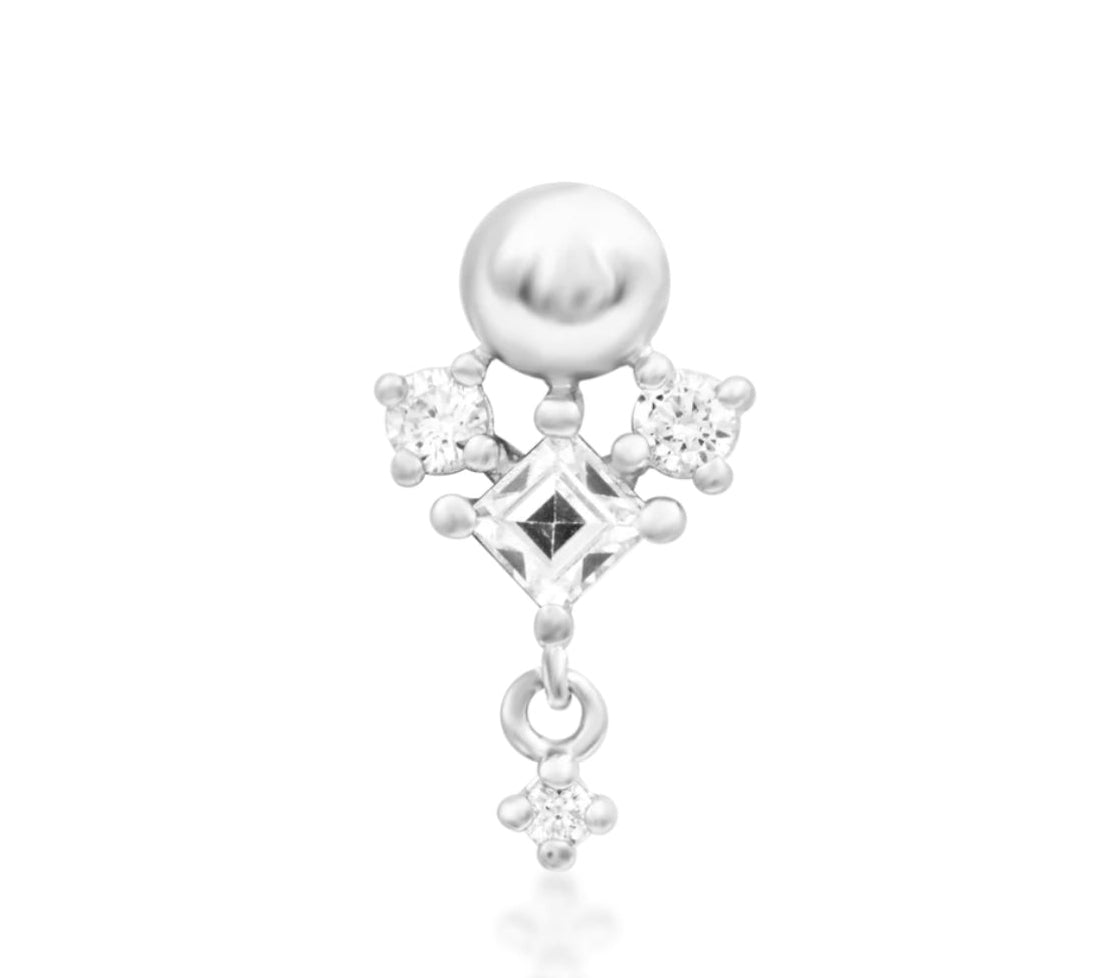 Junipurr Celesta Flat Helix Dangle Threadless End in 14K white gold with radiant White CZ gemstones – angled product view.
