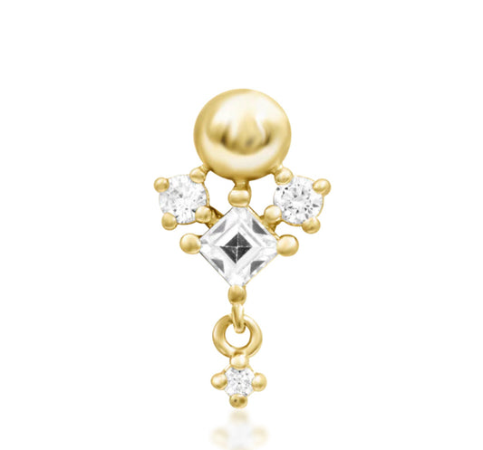 Junipurr Celesta Flat Helix Dangle Threadless End in solid 14K yellow gold featuring shimmering White CZ gemstones – front view.