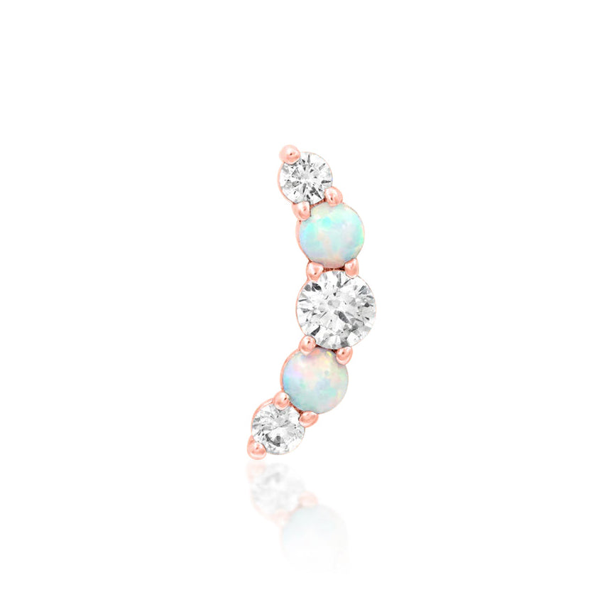 Junipurr Dani Threadless End in 14K rose gold, featuring luminous CZs and synthetic white opals arranged in a curved 4.3mm x 12mm setting. Ideal for conch and helix piercings.