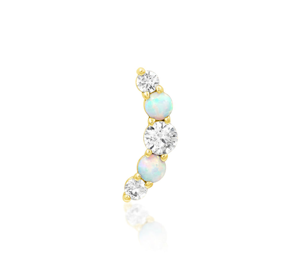 Junipurr Dani Threadless End in 14K yellow gold, featuring shimmering CZs and synthetic white opals in a 4.3mm x 12mm curved design for conch, helix, or curve piercings.