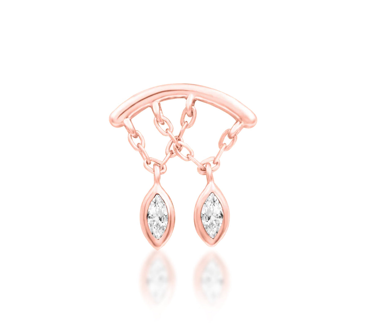 Junipurr Delphine Threadless End in 14K rose gold, elegant dangling design measuring 9.5mm x 10.2mm, suitable for lobe, helix, and dangle chain piercings.