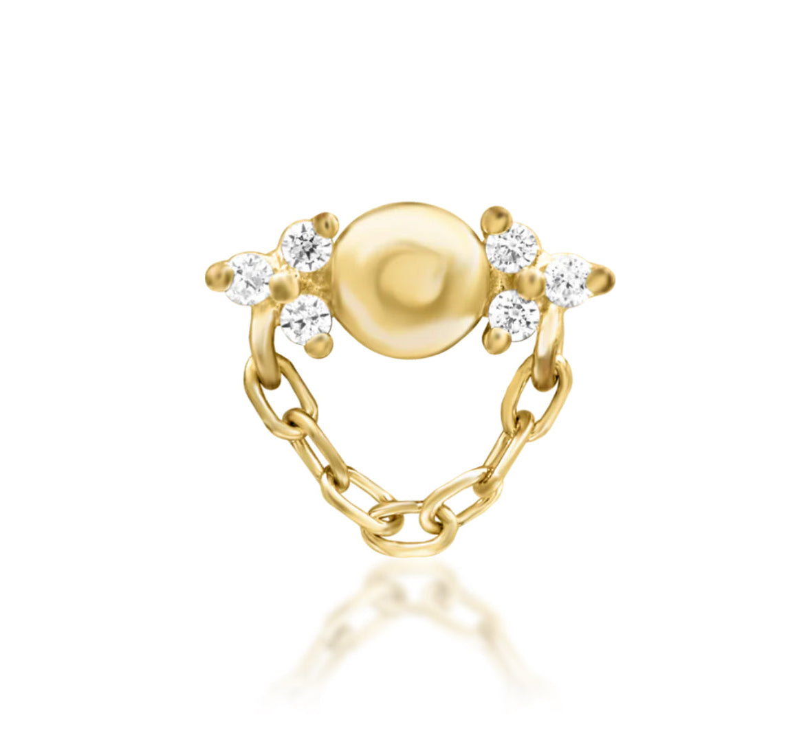 Junipurr Elena threadless end earring in solid 14k gold with white cubic zirconia, suitable for lobe, helix, and conch piercings, size 6.5mm x 4.2mm