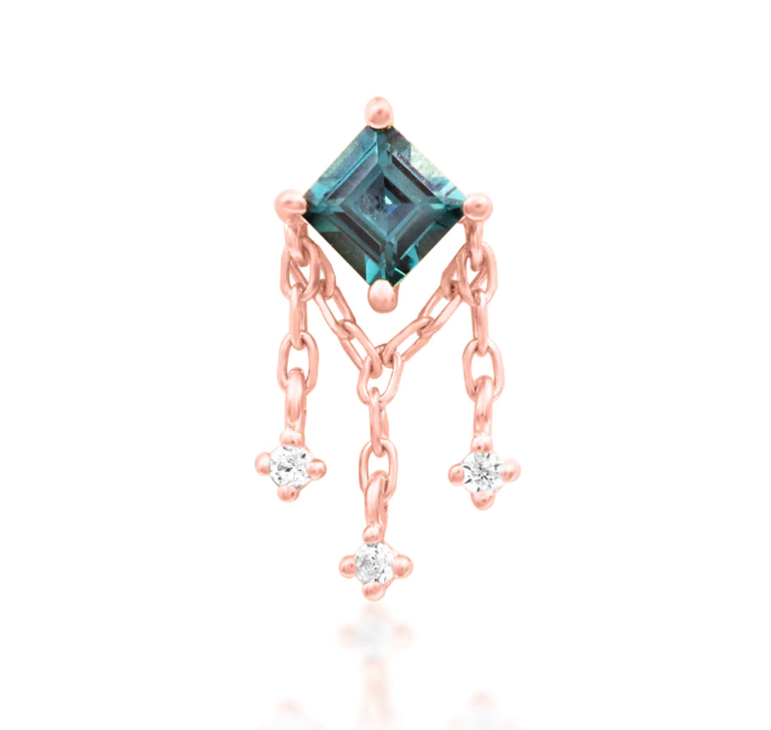 Junipurr Gari Threadless End in 14K rose gold, elegant 4.9mm x 9mm square gem with chain detail, perfect for helix and lobe piercings.