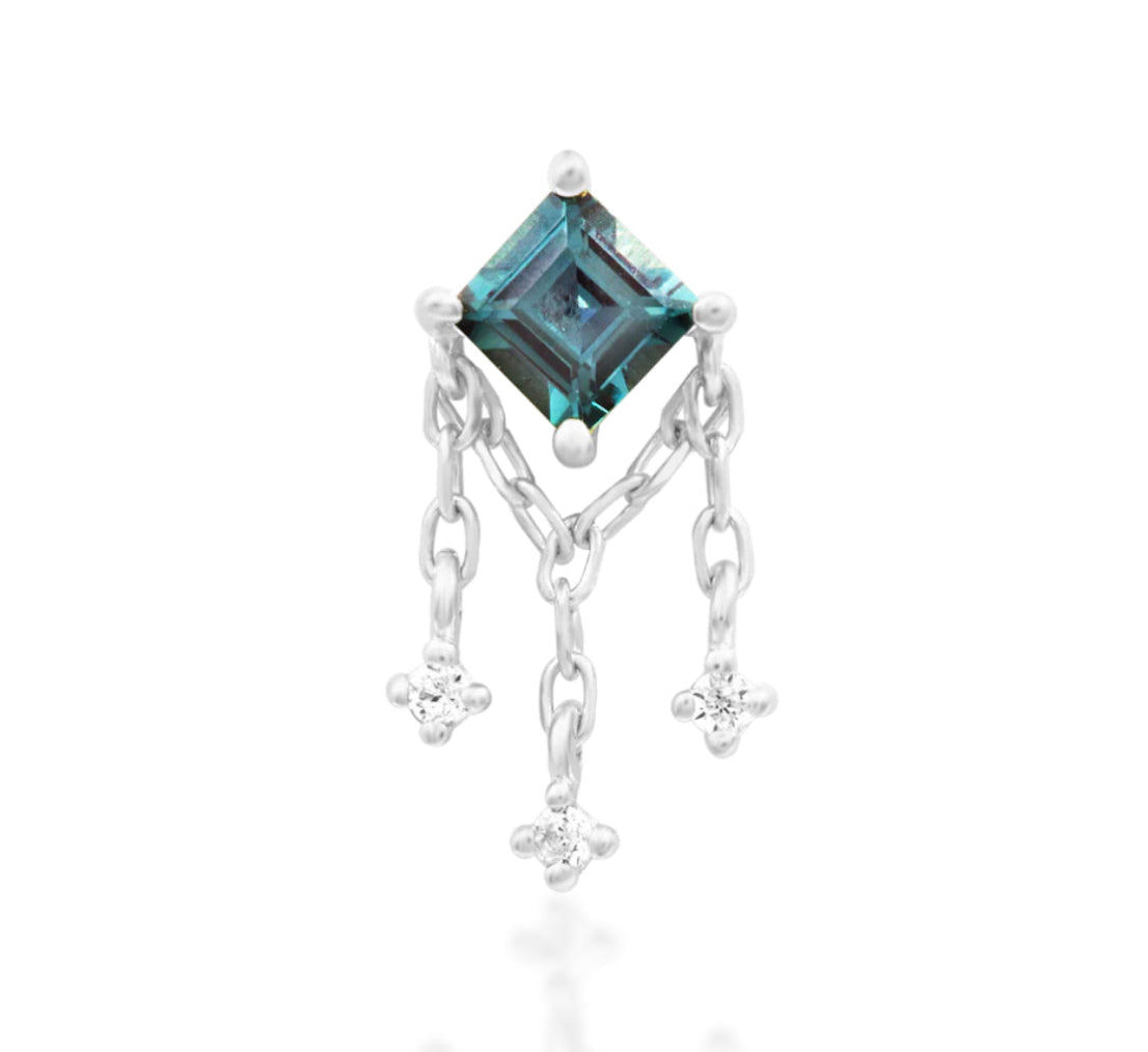 Junipurr Gari Threadless End in 14K white gold with a square gem and chain, 4.9mm x 9mm, designed for helix or curated ear piercings.