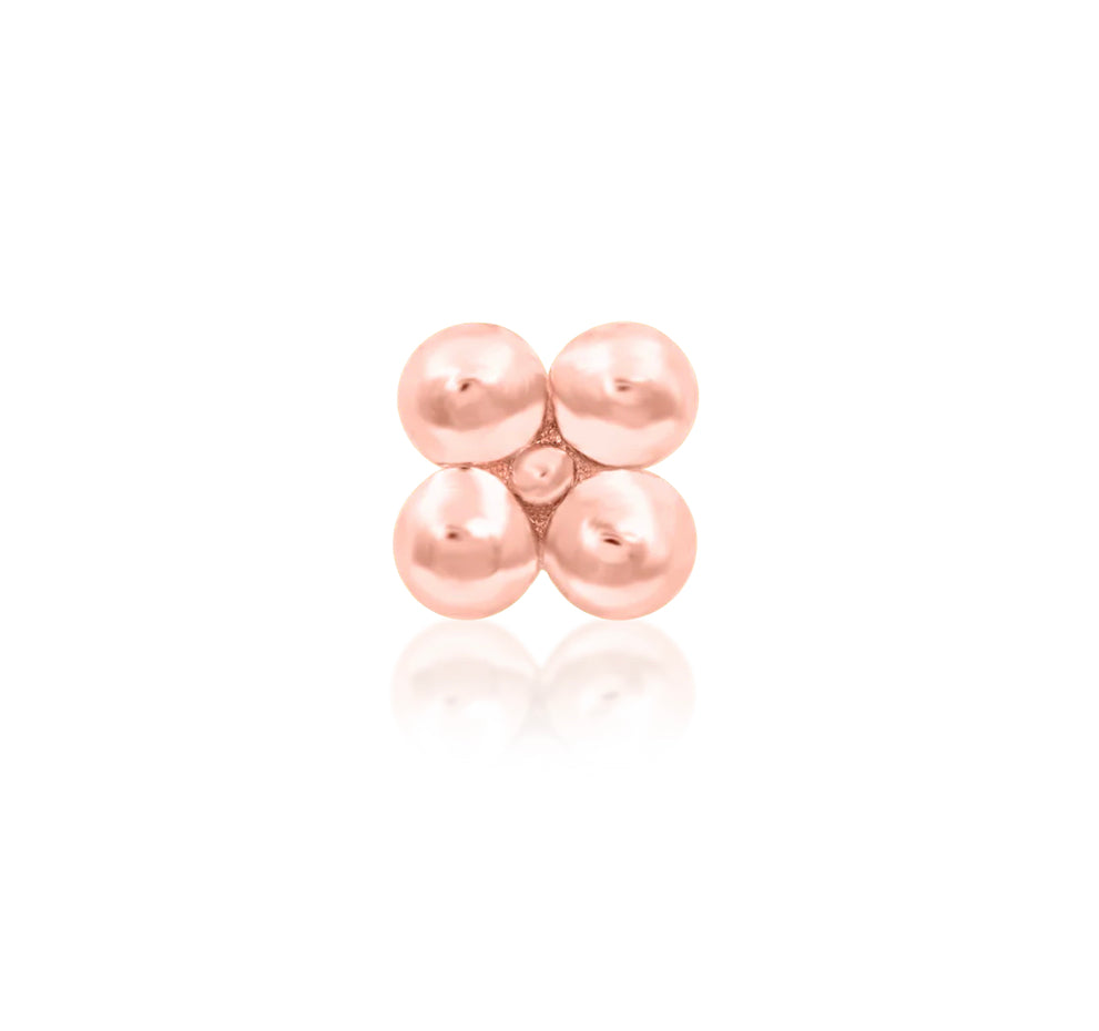 Junipurr Gold Quad Bead Threadless End in 14K rose gold, featuring four softly polished beads in a 3mm square layout. Elegant minimalist jewellery for lobe and tragus piercings.