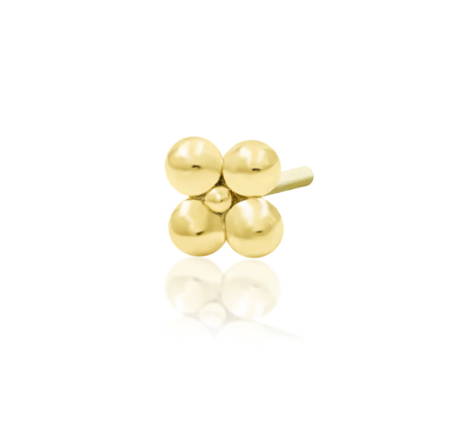 Junipurr Gold Quad Bead Threadless End in 14K yellow gold, featuring four polished beads in a minimalist 3mm square design. Perfect for lobe and tragus piercings.