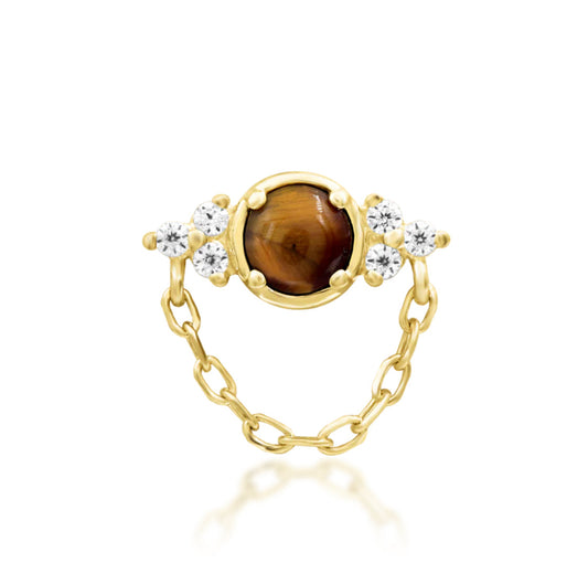 Junipurr Hobbs threadless end in 14K gold with natural tiger eye and white cubic zirconia, moody luxury piercing jewellery