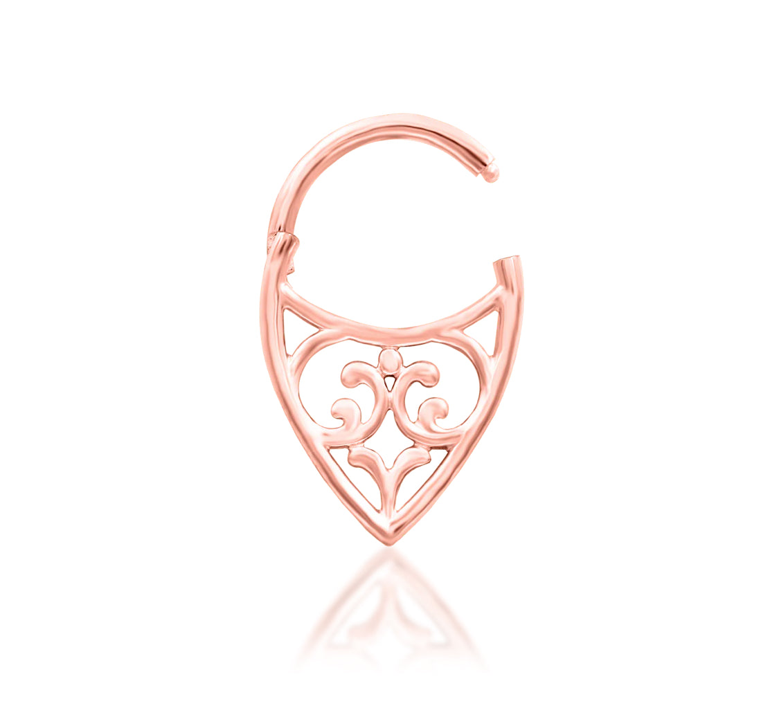 Off-front angled view of the Junipurr Jewellery Georgia in rose gold, highlighting soft tones and graceful form.