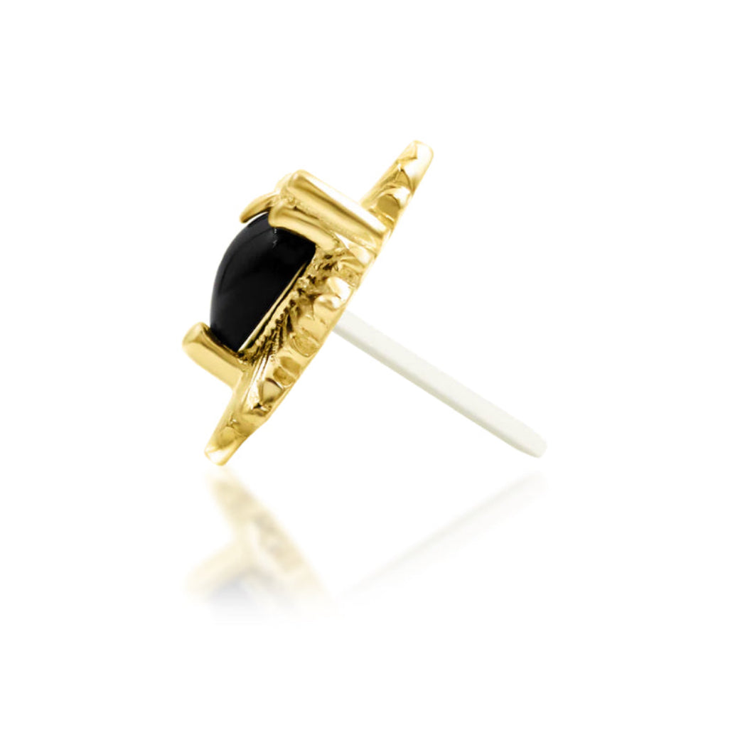Side profile of Junipurr Jewellery Nyx black onyx threadless end in 14k yellow gold