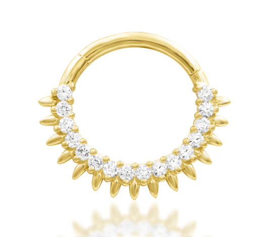 Junipurr Lovina 16g hinge segment ring in solid 14k gold, suitable for daith and septum piercings, with precision hinge and elegant design.