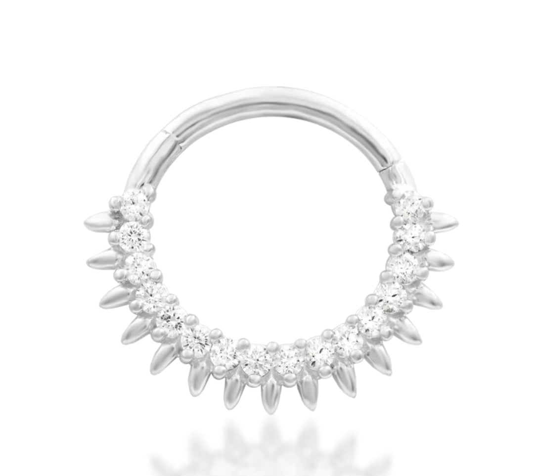 Junipurr Lovina 16g hinge segment ring in solid 14k gold, suitable for daith and septum piercings, with precision hinge and elegant design.
