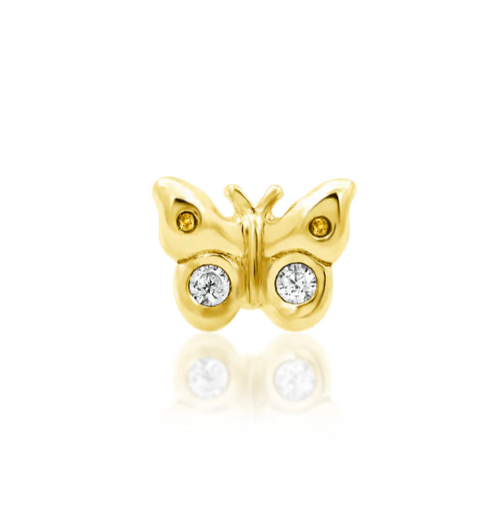 Junipurr Mini Butterfly 14k Yellow Gold Threadless End with two sparkling CZ stones — delicate 3D sculpted gold piercing jewellery.