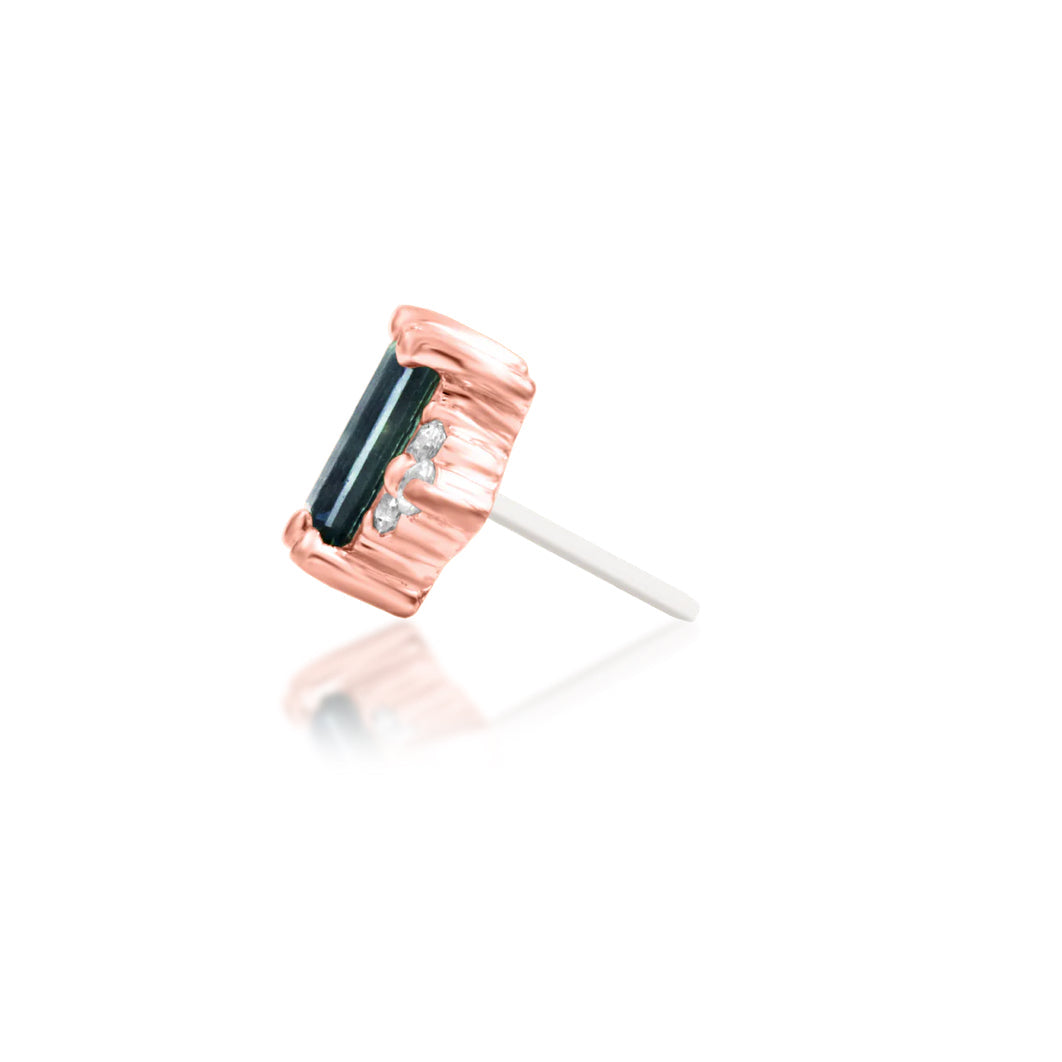 Side profile of Junipurr Nellie threadless end in rose gold with alexandrite and cubic zirconia