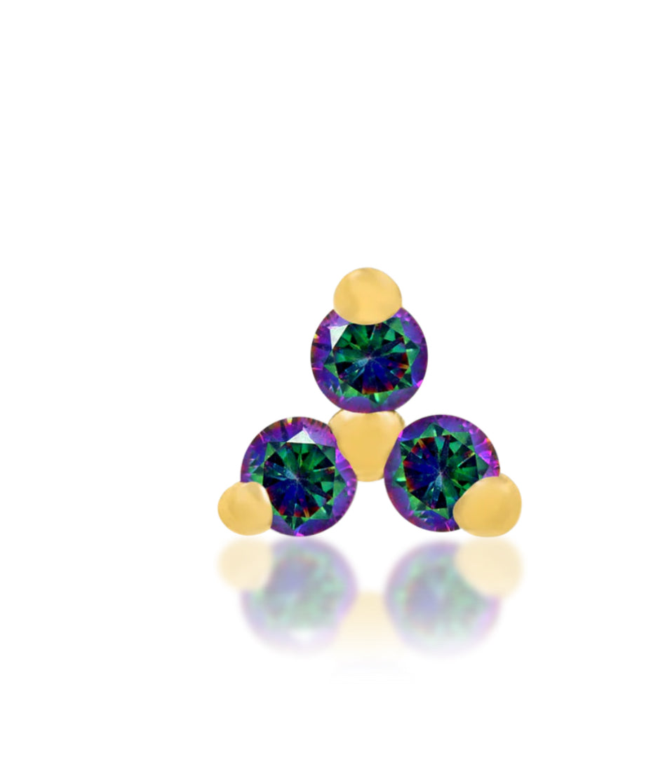 Junipurr Trinity threadless end in 14k gold featuring gemstone variations: mystic topaz