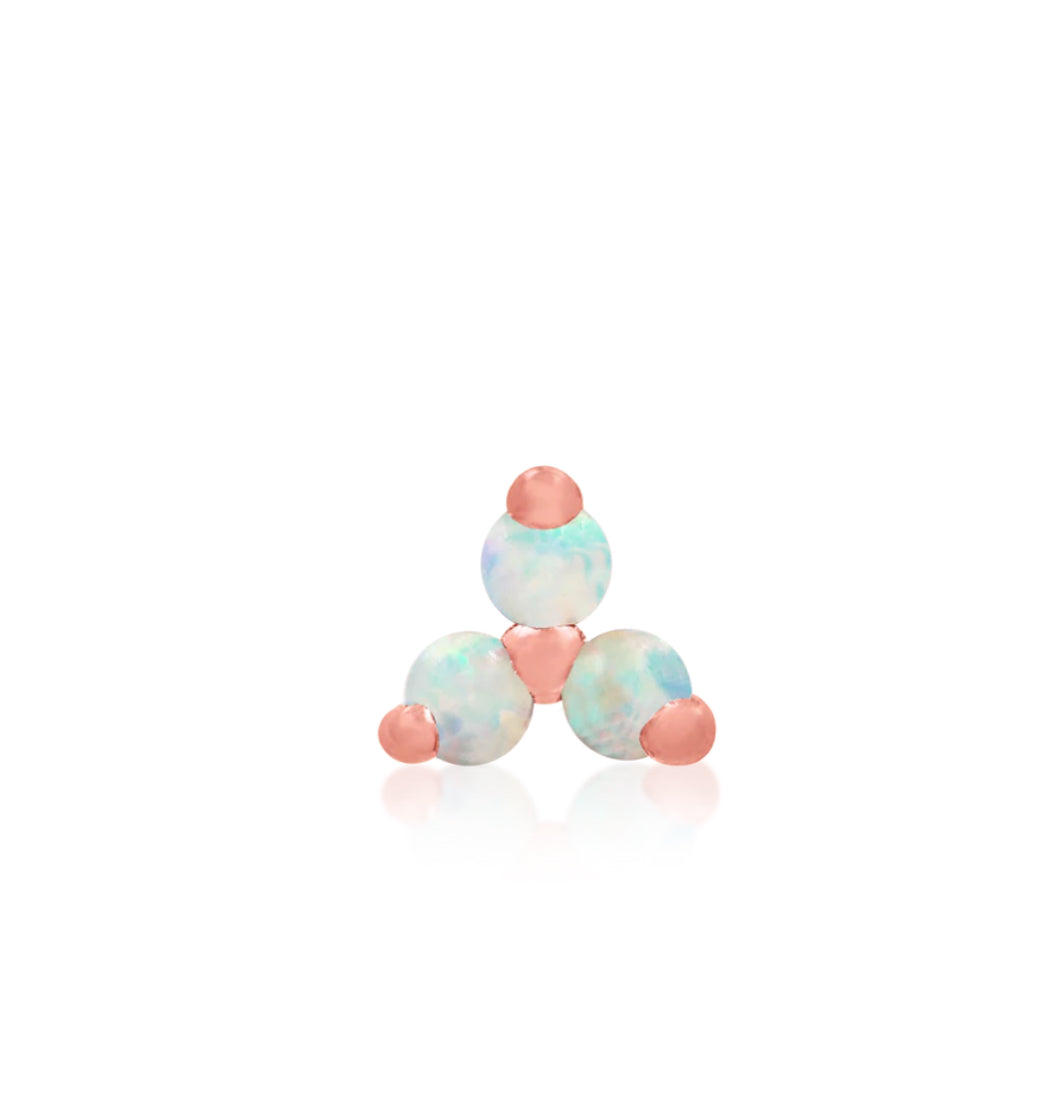 Junipurr Trinity threadless end in 14k gold featuring gemstone variations: white opal,