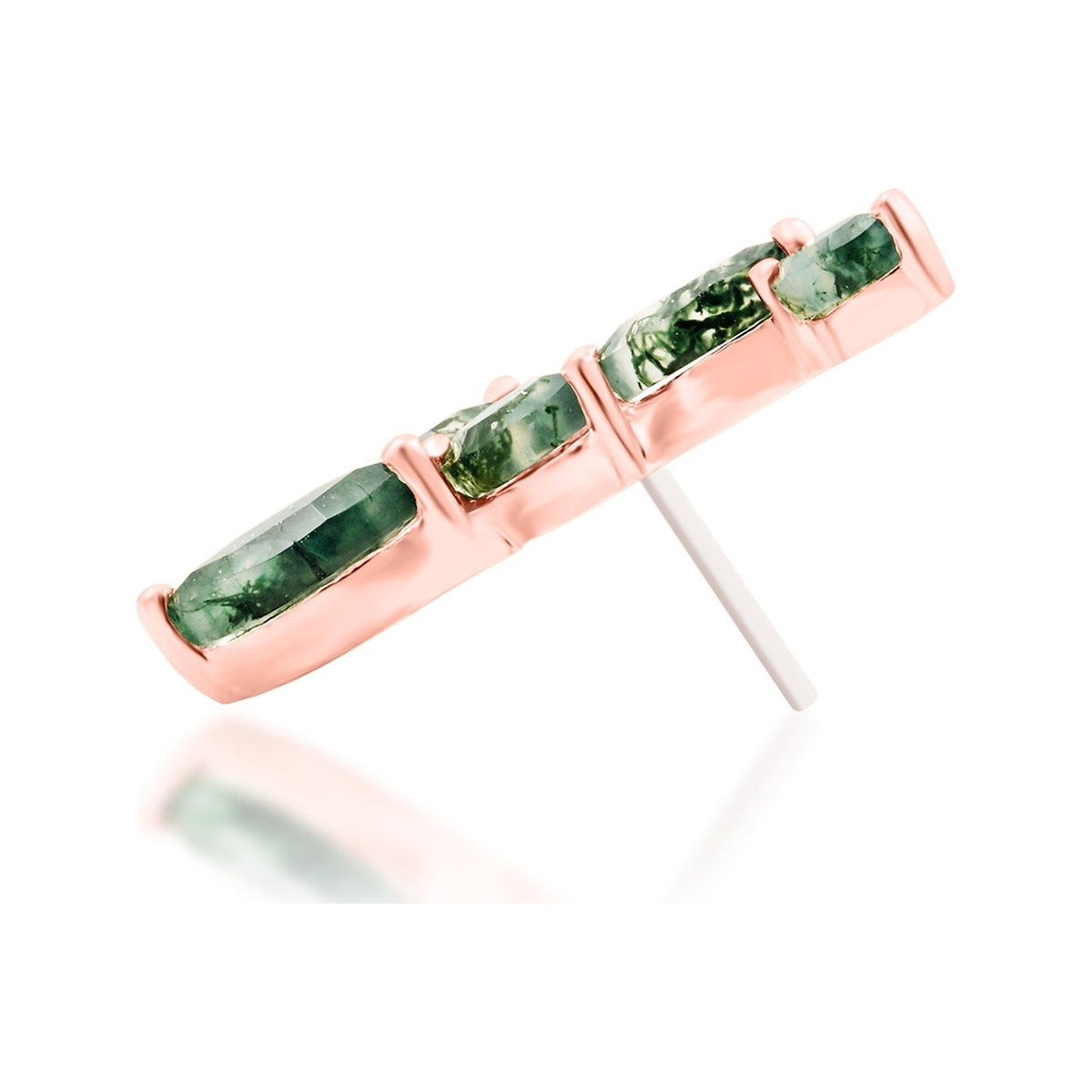 Junipurr Agatha solid 14k rose gold moss agate threadless end, side profile.