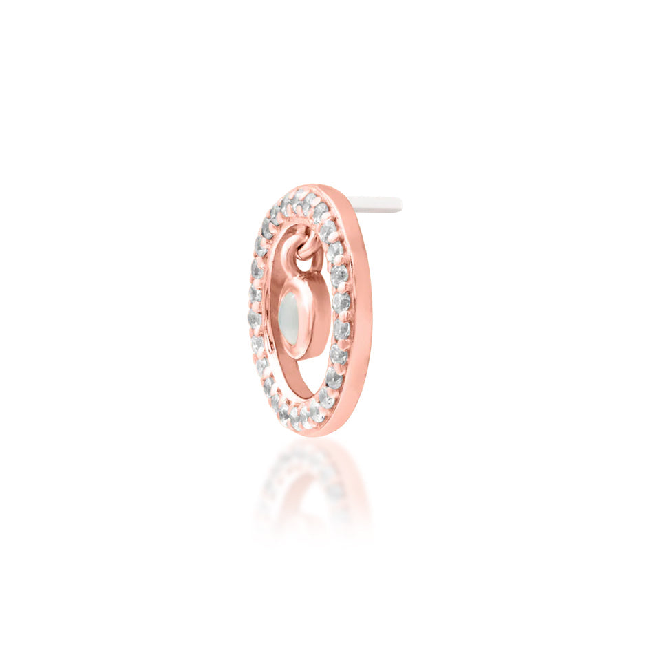 Junipurr Ailany solid 14k rose gold moonstone and CZ halo threadless end, angled view.
