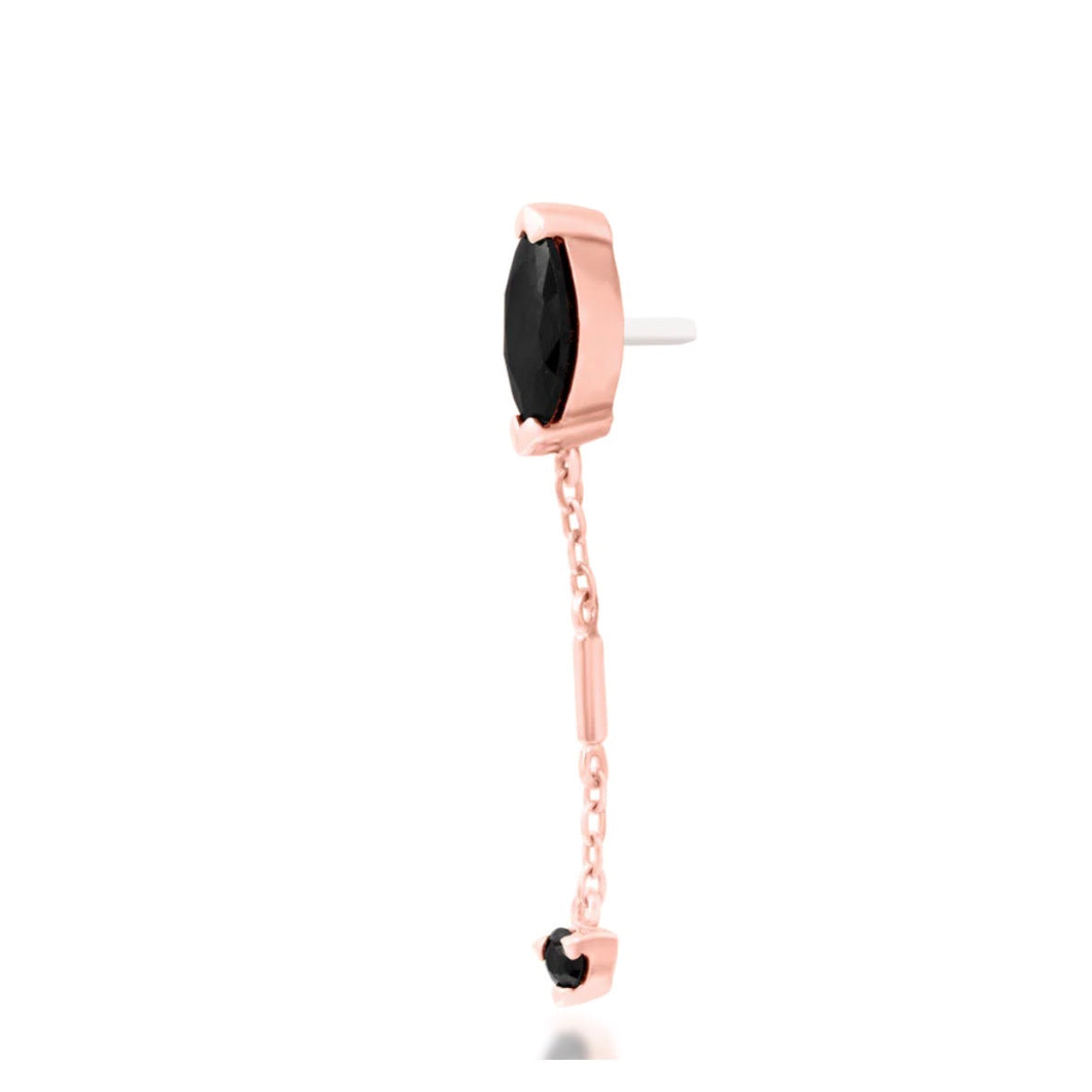 Angled view of Junipurr Akasha black CZ chain threadless end in 14k rose gold.