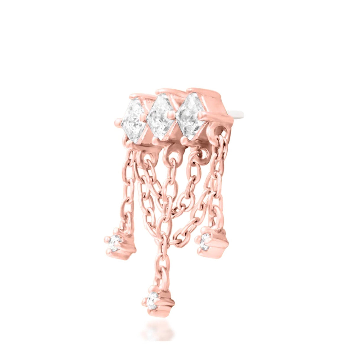 Junipurr Amirah solid 14k rose gold White CZ chain threadless end, angled view.
