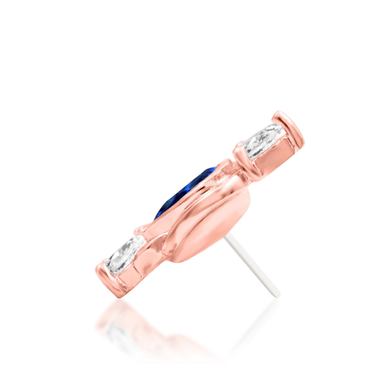 Junipurr Augusta blue cubic zirconia threadless end in 14k rose gold side view decorative threadless jewellery