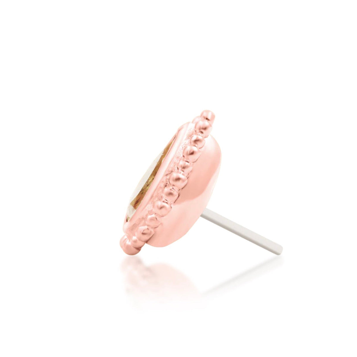 Junipurr Avani solid 14k rose gold pear-cut Champagne CZ threadless end, side profile.