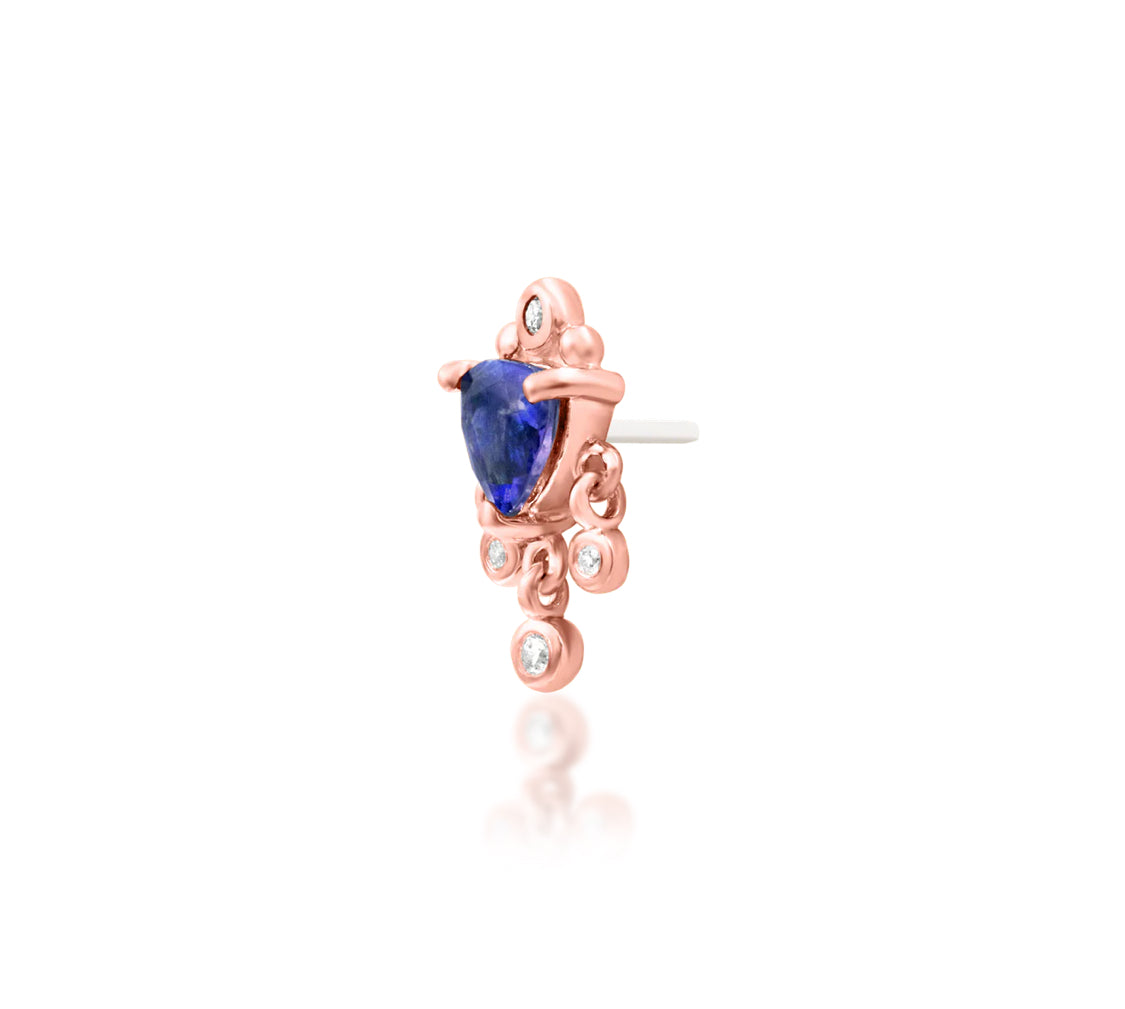Junipurr Bevlah solid 14k rose gold Iolite and White CZ dangle threadless end, angled view.