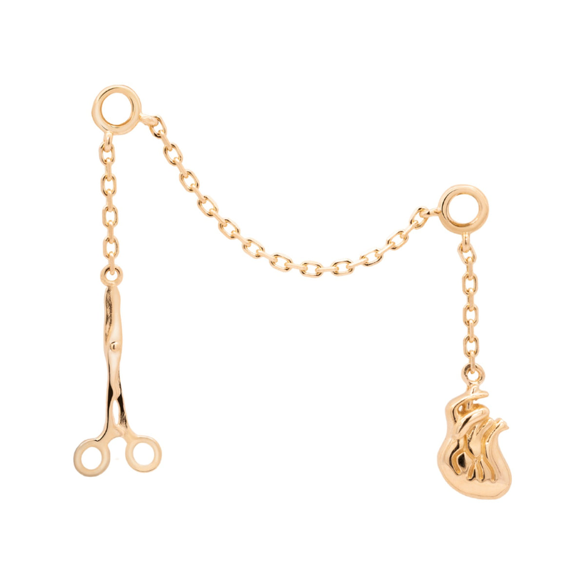 Junipurr x Frida Kahlo Dos Corazones double chain charm with scissors and flaming heart in solid 14k yellow gold, front product view