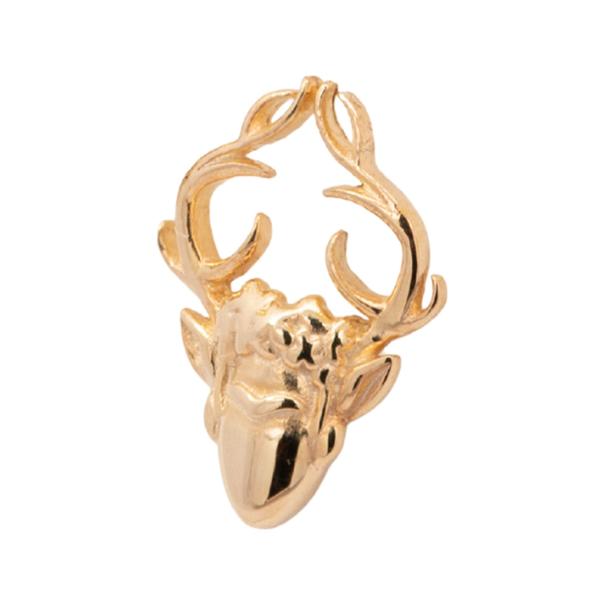 Junipurr x Frida Kahlo Espiritu deer head with sweeping antlers, solid 14k yellow gold threadless end, front product view