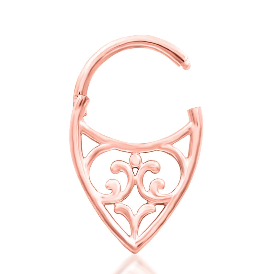 Angled view of Junipurr Georgia filigree threadless end in 14k rose gold.