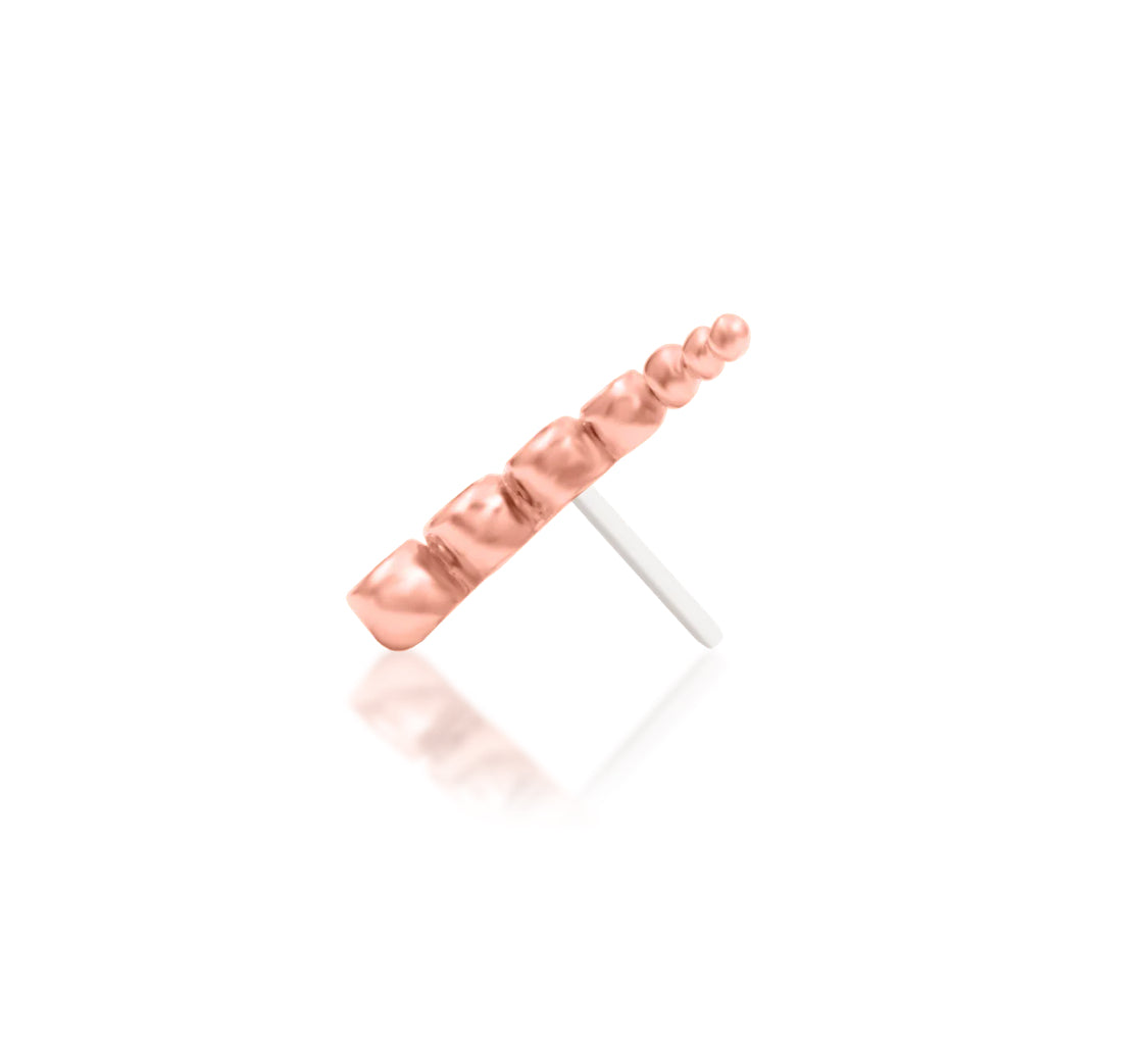 Junipurr Halley solid 14k rose gold curved White CZ threadless end, side profile.