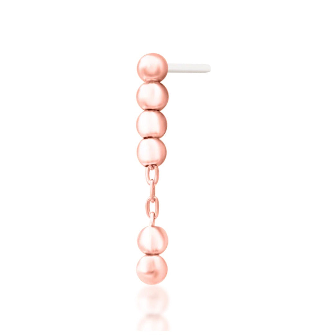 Angled view of Junipurr Lennon chain threadless end in 14k rose gold featuring interconnected bead detailing.
