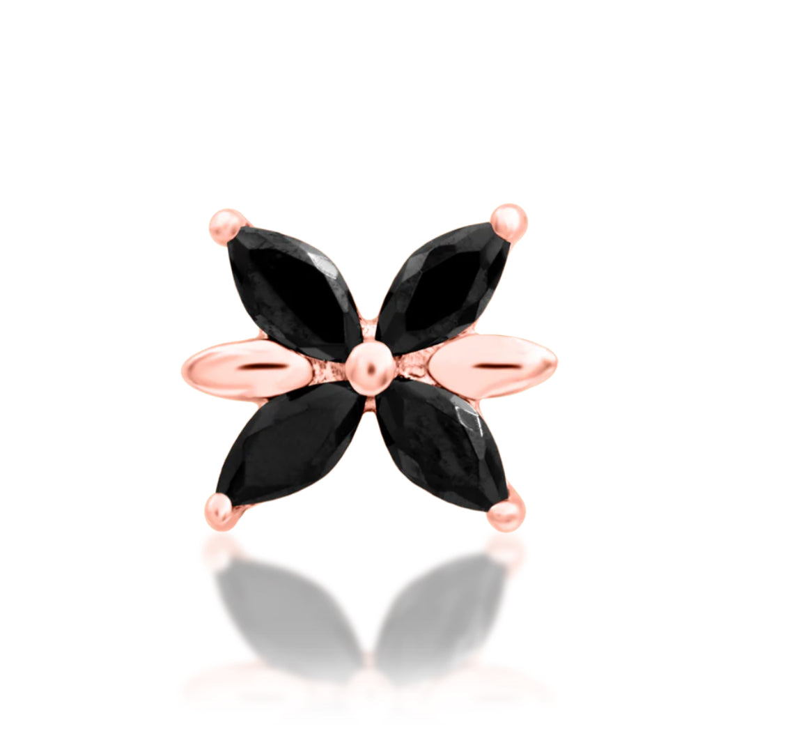 Junipurr Lilliana solid 14k gold floral decorative end with Black CZ, product view.
