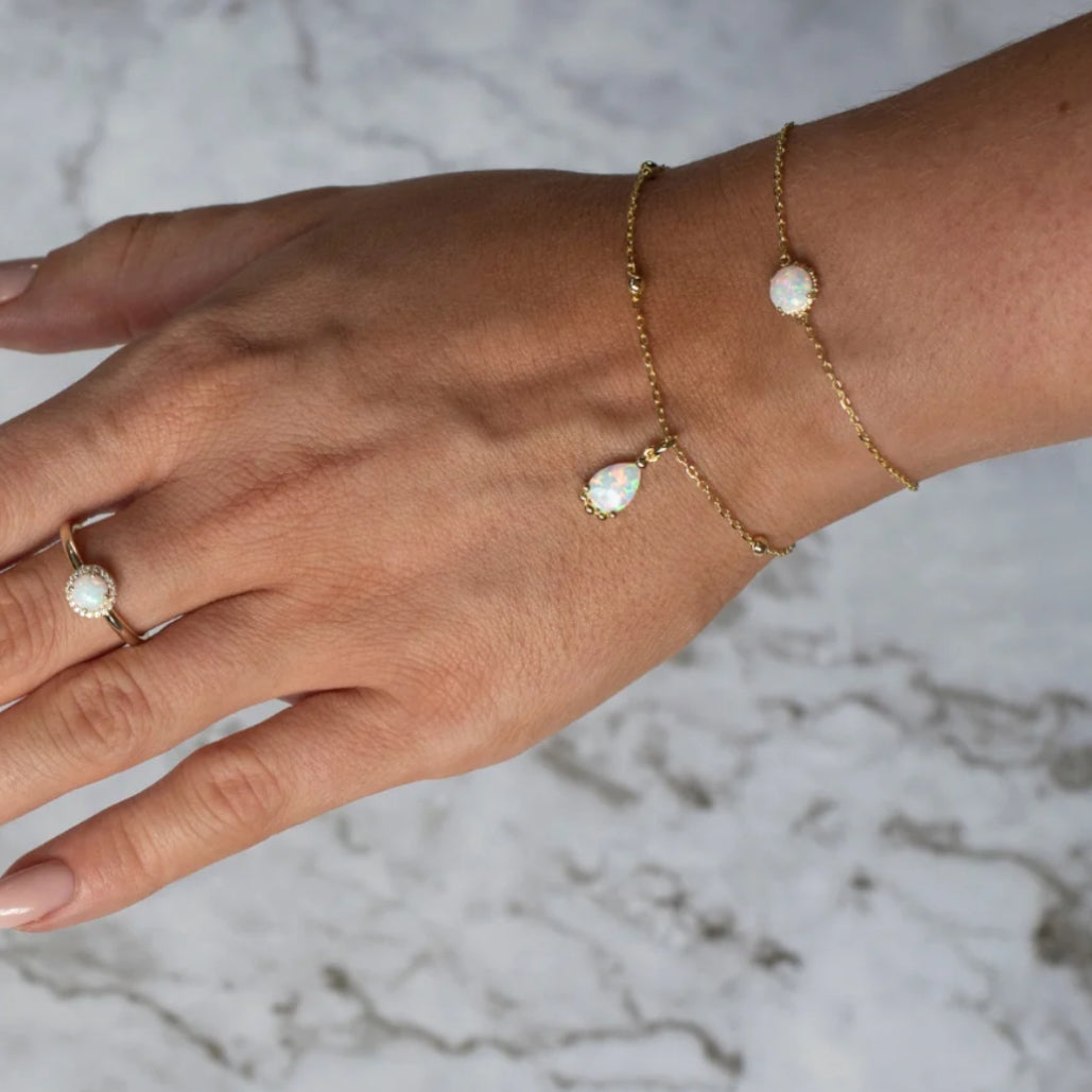 Junipurr Orvanna synthetic opal and cubic zirconia bracelet, gemstone detail.