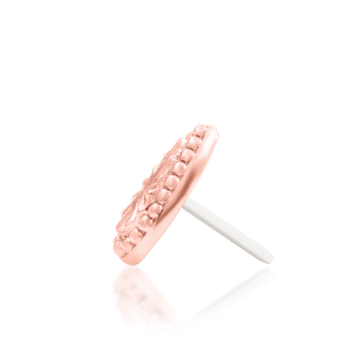 Junipurr Remi solid 14k rose gold beaded teardrop threadless end, side profile.