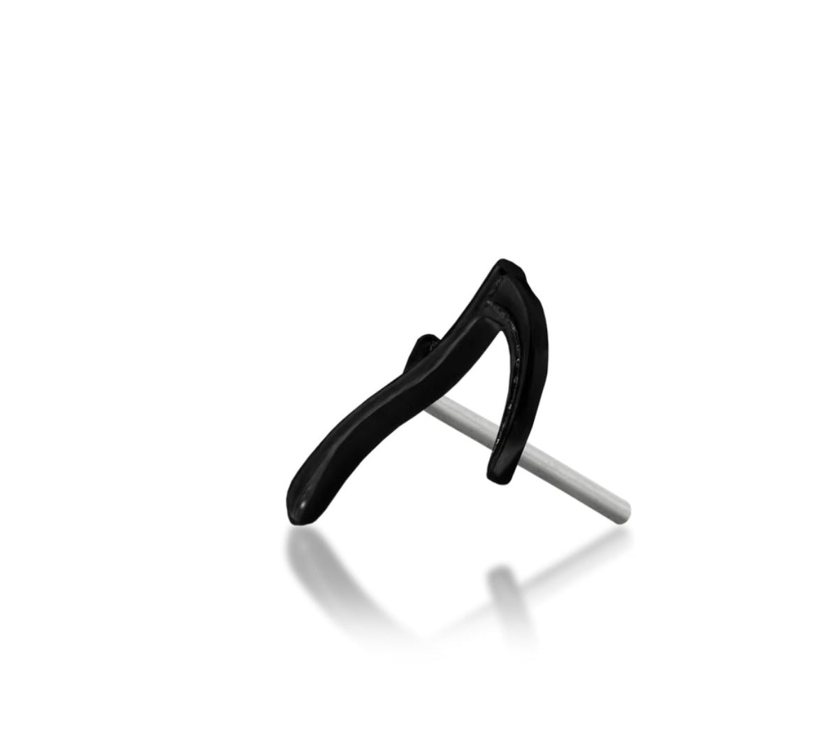Junipurr Scythe black-rhodium curved blade threadless end in solid 14k gold, product view.