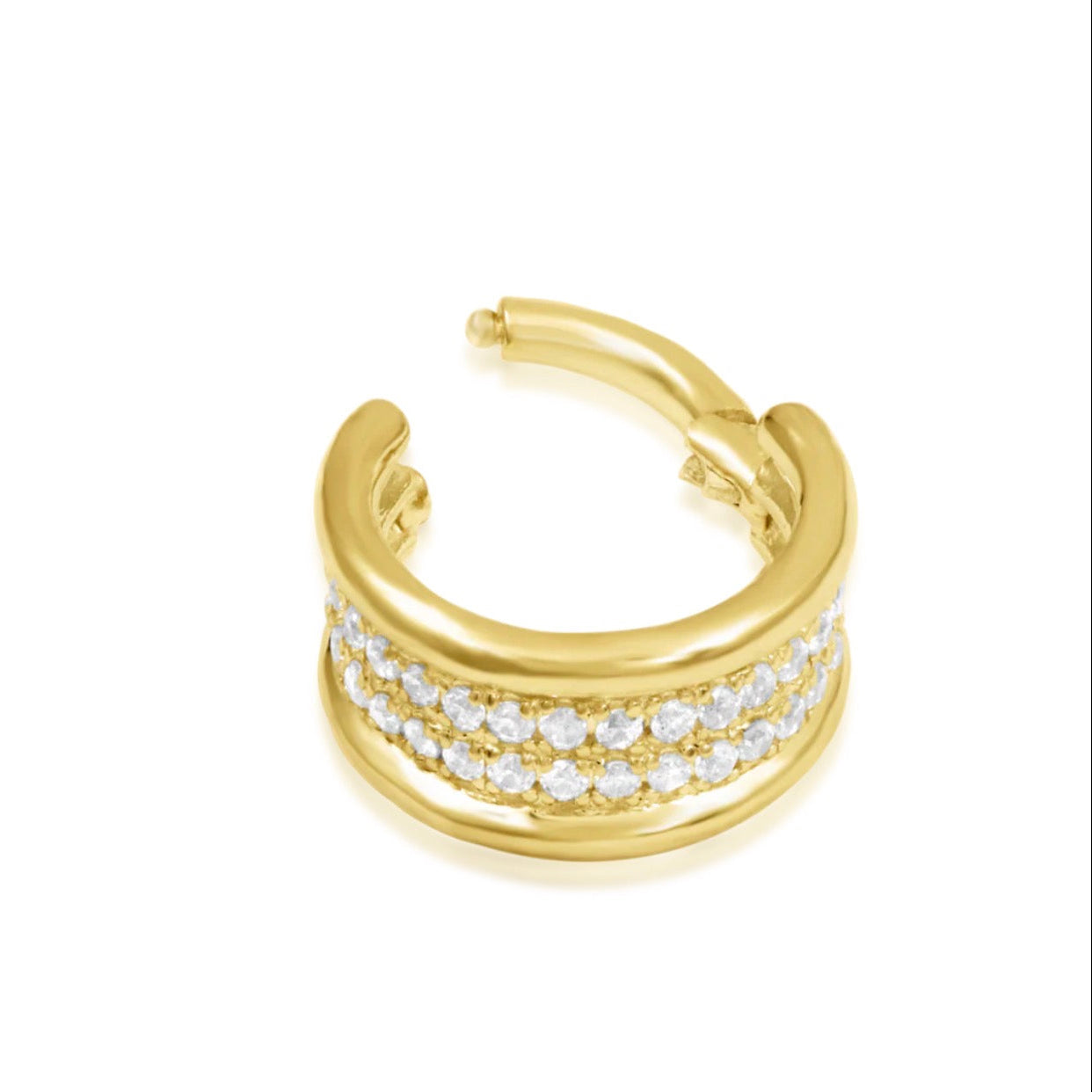 Solid 14k yellow gold Junipurr Vivienne ring with a broad contoured surface of white CZ sparkle.